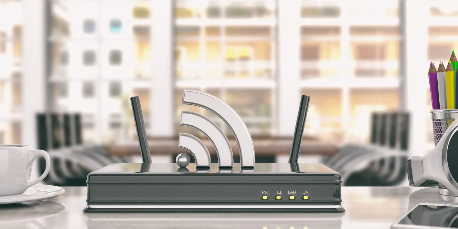 A business Wi-Fi router broadcasting a wireless signal in an office